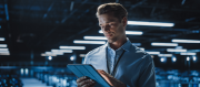 A man in a button-up shirt holds and uses a tablet in a dimly lit, modern office or data centre with rows of lights in the background.