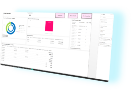 A computer screen displays a business dashboard with graphs, tables, and filters for inventory distribution and lead time in days.