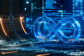 A glowing blue infinity symbol appears over a digital background with computer code and circuit-like patterns, suggesting technology and automation concepts.