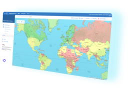 A digital world map displayed on a computer screen, highlighting countries in different colours, with a blue navigation bar at the top and sidebar menu on the left.