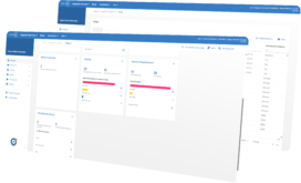 Three overlapping dashboard interface screens display menus and data panels, including graphs, tables, and navigation options for a supply chain or logistics management platform.