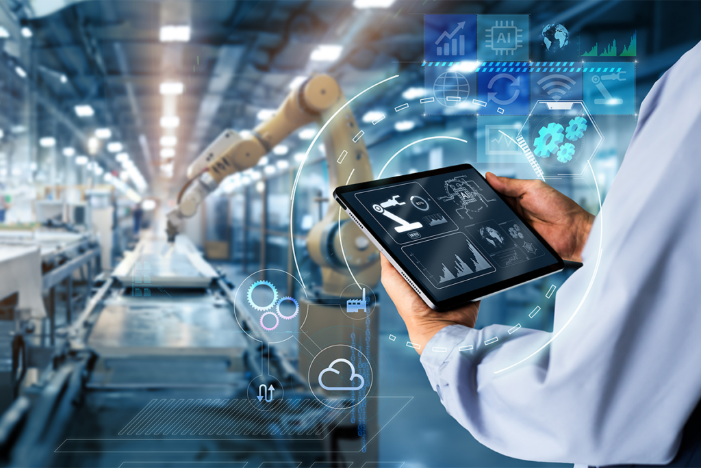 Person holding a tablet with industrial automation data displayed, in a factory setting with robotic arms and digital interface graphics overlaid.