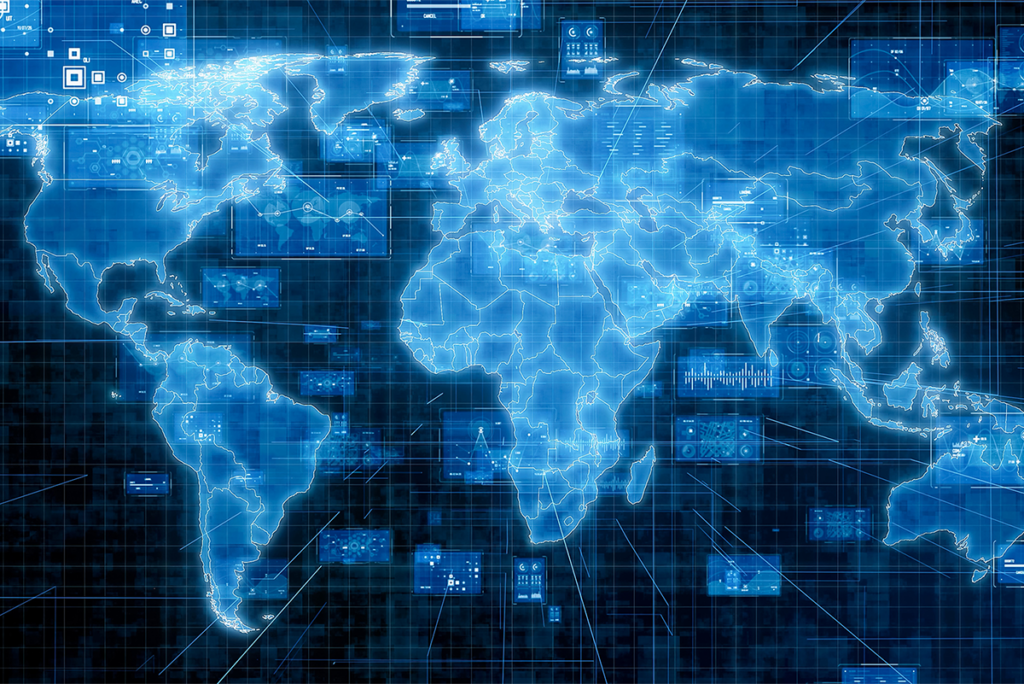 A digital world map with blue tones, overlaid with various data charts, graphs, and interface elements, indicating global data analysis or technology connections.