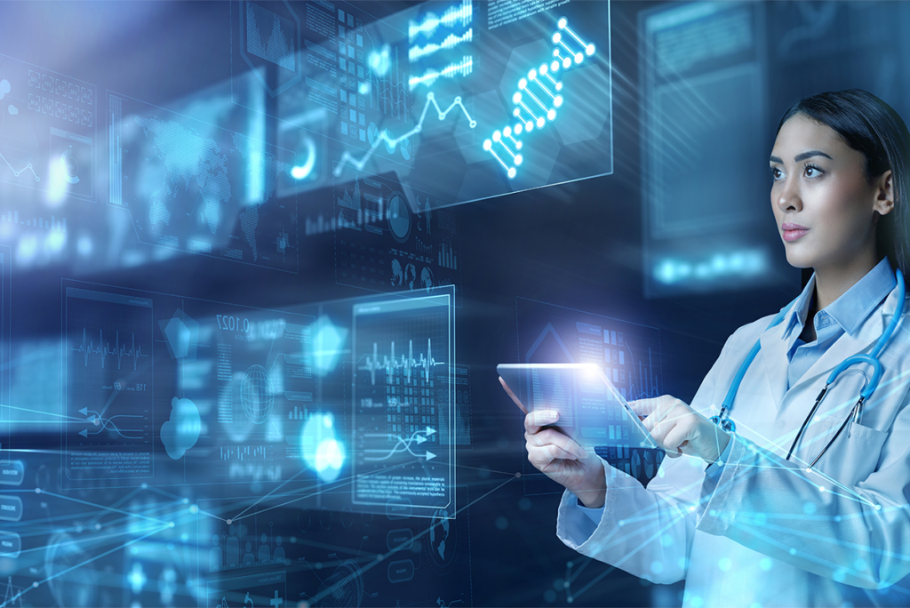 A doctor uses a tablet, surrounded by digital medical charts, graphs, and data visualisations on transparent screens.