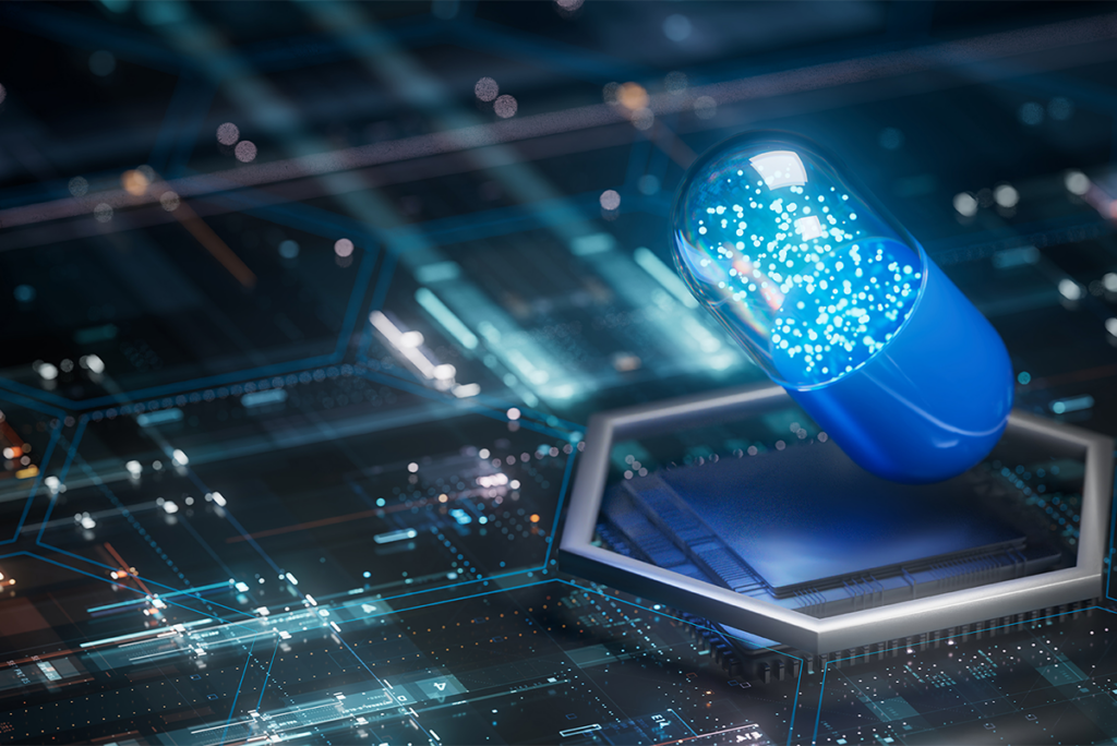 A blue glowing capsule with floating particles inside rests on a futuristic digital circuit board, symbolising the intersection of technology and medicine.