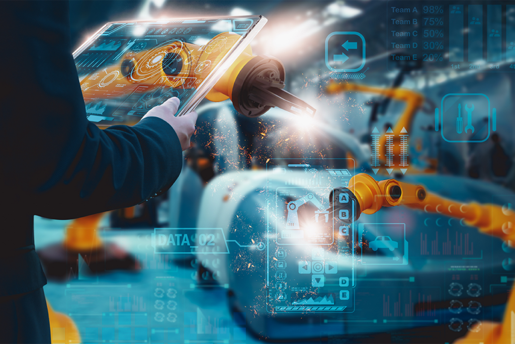 Person holding a transparent tablet controls robotic arms in a high-tech factory setting, with various digital data and interface elements overlaid.