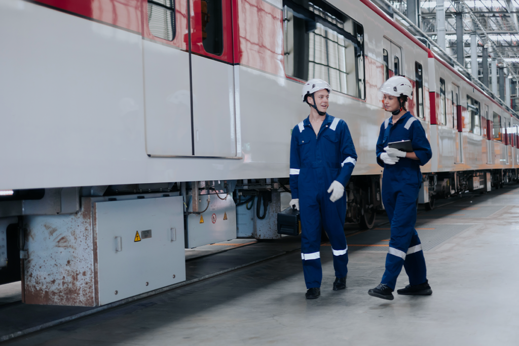 Two workers in blue overalls and white helmets inspect a stationary train inside a maintenance facility, one holding a clipboard.