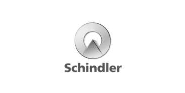 Schindler logo featuring a metallic circular design with a triangular shape inside, and the word Schindler in grey text below the symbol.