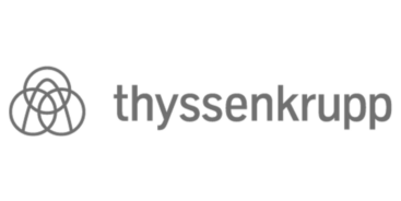 Thyssenkrupp logo in grey, featuring three interlocking circles to the left of the company's name in lowercase letters.