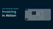 A promotional graphic for an on-demand demo titled Invoicing in Aktion by SupplyOn, featuring a dashboard screenshot and a play button overlay.