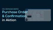 A screenshot promoting an on-demand demo titled Purchase Order & Confirmation in Aktion by SupplyOn, featuring a blurred interface and a play button icon.