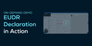 Screenshot of a software demo titled EUDR Declaration in Action with a play button overlay and a sidebar labelled ON-DEMAND DEMO.