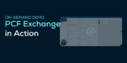 Screenshot of an on-demand demo titled PCF Exchange in Action, showing a play button overlay on a dashboard interface.