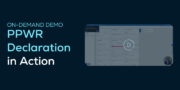 Blue promotional graphic with the text On-Demand Demo PPWR Declaration in Action and a blurred screenshot of a software interface featuring a play button.