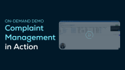 Screenshot of a SupplyOn demo page titled Complaint Management in Action, showing a dashboard interface with an overlay play button.