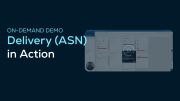 Screenshot of a SupplyOn demo interface titled Delivery (ASN) in Action, showing a dashboard with various data columns and a play button for an on-demand demo video.