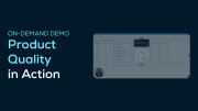 On-demand demo titled Product Quality in Action by SupplyOn, featuring a video player interface with dashboard elements on a dark background.