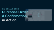 Screenshot of a SupplyOn demo interface with the text Purchase Order & Confirmation in Action and a play button icon.
