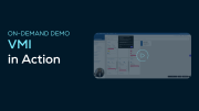 A demo slide for VMI in Action by SupplyOn, featuring a blurred software dashboard screenshot and a play button for an on-demand video.