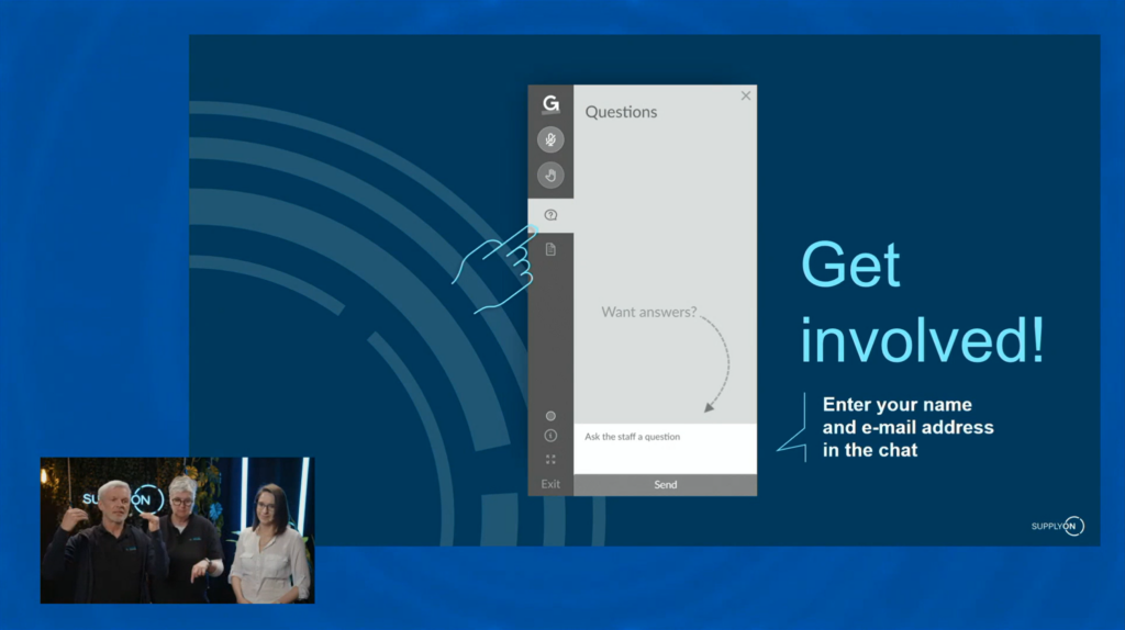 Screenshot of a webinar slide instructing viewers to get involved by entering their name and email address in the chat, with a questions panel and presenters visible in the bottom left corner.