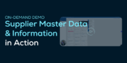 Screenshot with the text ON-DEMAND DEMO Supplier Master Data & Information in Action over a blurred dashboard interface and a play button icon.