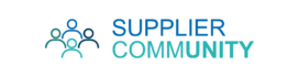Four simple human icons in blue and teal next to the words SUPPLIER COMMUNITY with COMMUNITY emphasised in teal colour.
