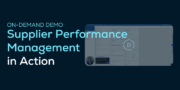 Text says On-Demand Demo: Supplier Performance Management in Action over a blurred screenshot of a dashboard with a play button icon.