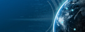 A view of Earth from space with glowing SupplyOn nodes connected by lines, overlaid on a blue digital data background.